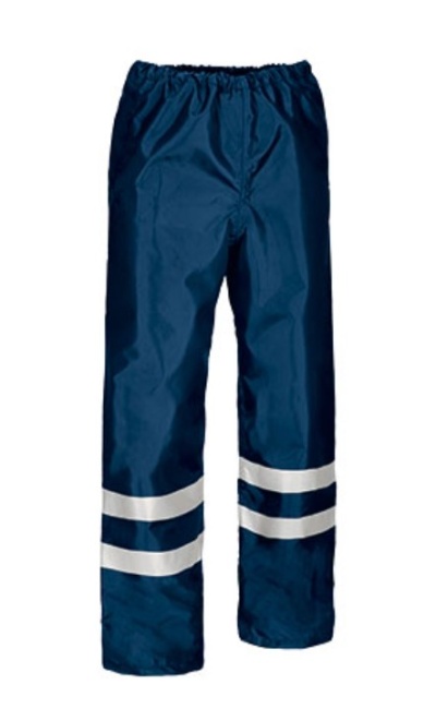 Calças impermeáveis azuis com faixas reflexivas brancas na parte inferior