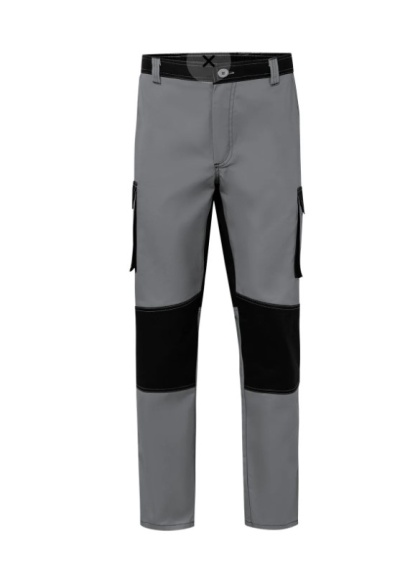 Calças de trabalho cinza com reforço preto e bolsos laterais