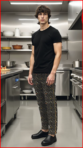 Homem jovem em cozinha profissional com roupa casual preta e calças padrões coloridos