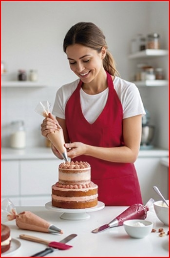 Mulher a decorar bolo com creme rosa em cozinha
