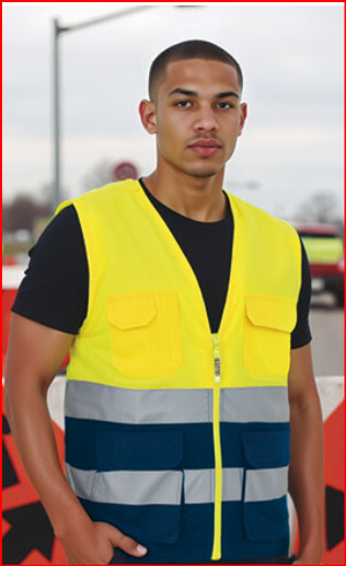 Colete de segurança amarelo e azul com faixas refletoras cinza e bolsos frontais