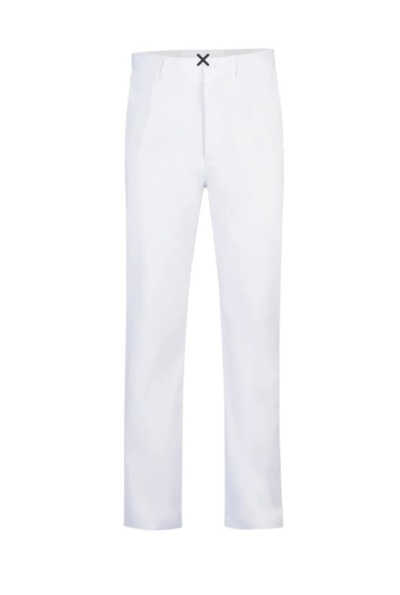 Calças brancas com detalhe X preto na cintura