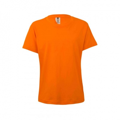 T-shirt unissexo laranja de manga curta com gola redonda e etiqueta interna branca