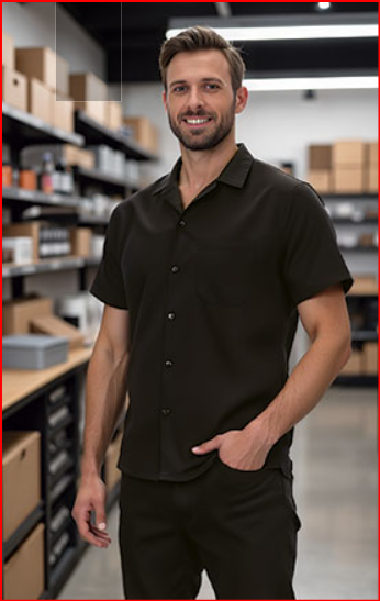 Homem de camisa preta de botão e calças pretas em armazém com prateleiras e caixas