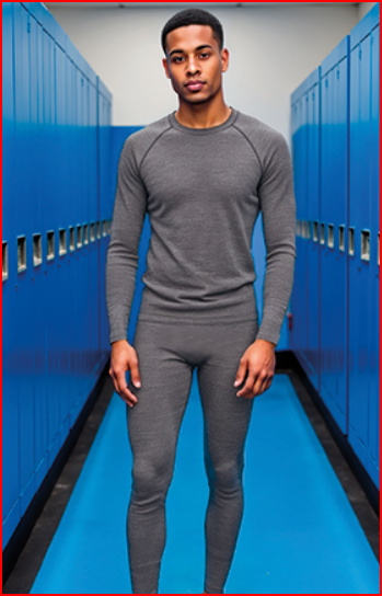 Homem jovem com conjunto térmico cinzento de manga comprida e calças justas em corredor com cacifos azuis