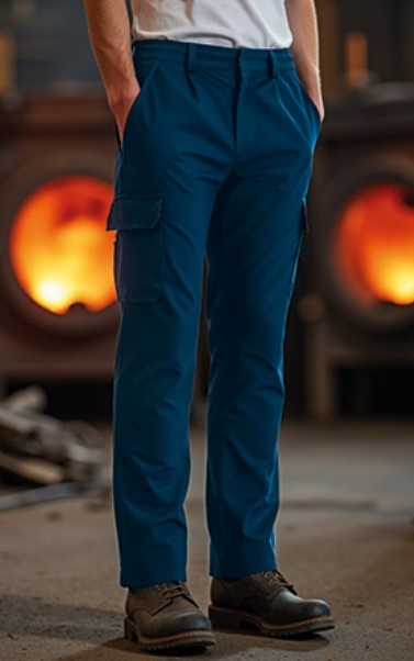 Calças de trabalho azuis com bolso tipo cargo em ambiente industrial