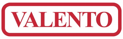 Logótipo VALENTO em vermelho com borda retangular vermelha