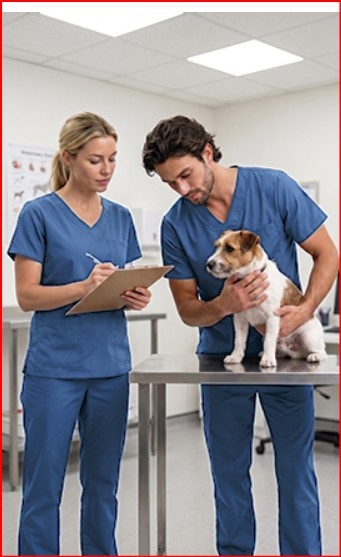 Profissionais de saúde veterinária com cão num consultório clínico