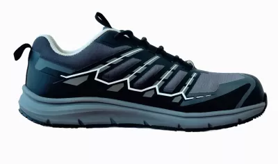 Ténis desportivo cinza e preto com detalhes em branco e atacadores pretos