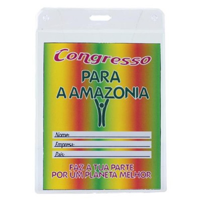 Cartão de congresso com design colorido e texto em português.