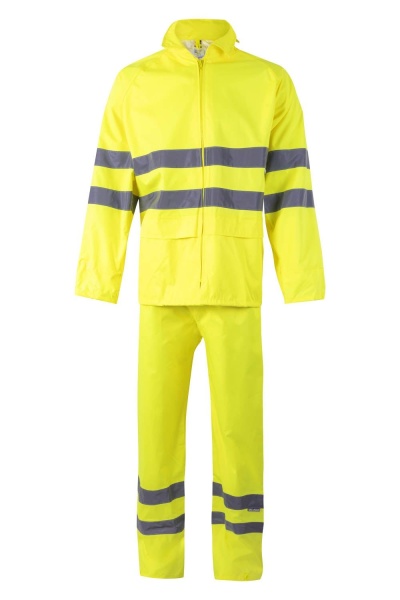 Fato de chuva amarelo fluorescente com bandas refletoras cinzentas