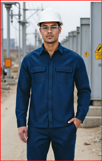 Homem com uniforme azul, capacete branco e óculos de proteção em ambiente industrial