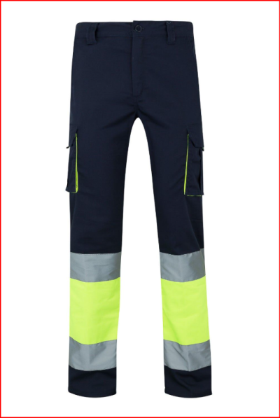 Calças de trabalho azul escuro com faixas refletoras cinza e amarelo-fluorescente