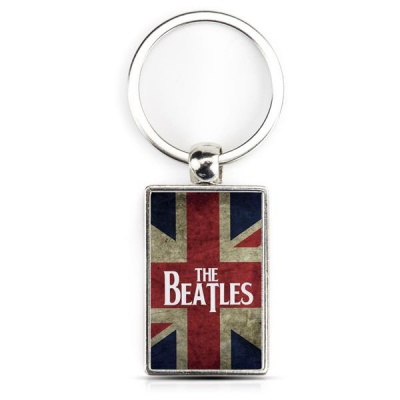 Chaveiro retangular metálico com bandeira do Reino Unido e texto THE BEATLES