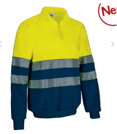Sweatshirt de alta visibilidade amarelo e azul com faixas refletoras e fecho curto, fundo branco