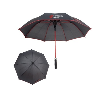 Guarda-chuva preto e vermelho com texto 'company name'