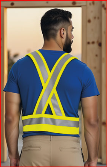 Homem com colete refletor amarelo e t-shirt azul em obra de construção
