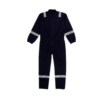 Macacão de trabalho azul escuro com faixas refletoras cinzentas