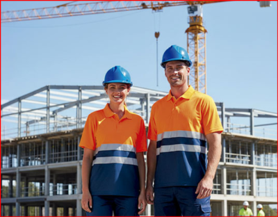 Duas pessoas com camisolas de trabalho bicolor e capacetes azuis em obra de construção