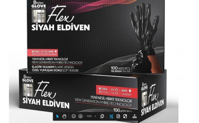 Caixa de luvas descartáveis pretas Flex Siyah Eldiven com texto em turco e inglês.