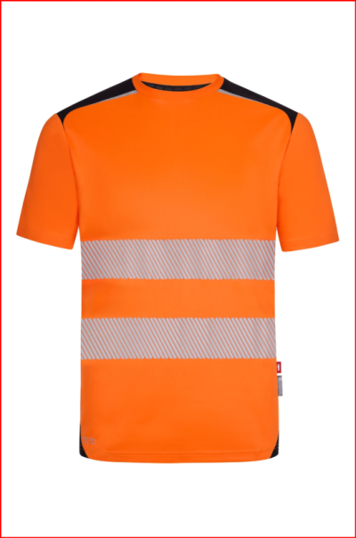 T-shirt laranja de alta visibilidade com faixas refletoras cinzentas e detalhes pretos