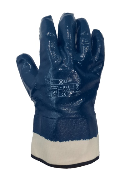 Luva de proteção azul escuro com base branca e texto impresso