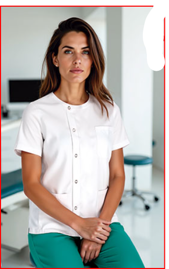 Mulher com bata branca e calças verdes em ambiente clínico