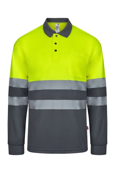Camisola de trabalho amarelo fluorescente e cinzento escuro com faixas refletoras