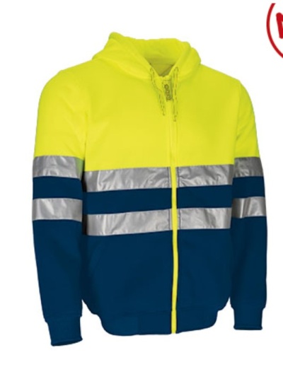 Casaco amarelo e azul com faixas refletoras cinza prateado e capuz