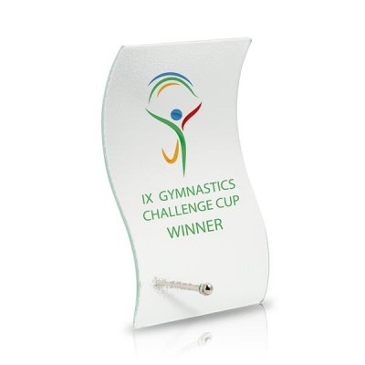 Troféu de vidro curvo transparente com inscrição e logótipo colorido