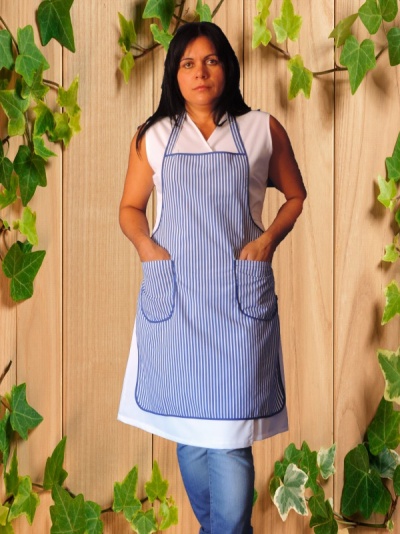 Mulher com avental azul riscado branco e bolsos, fundo de madeira e folhas verdes.