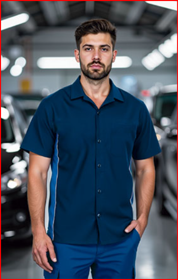 Homem com camisa de trabalho azul escura e calças azuis em oficina.