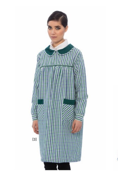 Vestido xadrez verde e branco com gola e bolsos verdes escuros