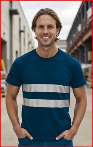 Homem com t-shirt azul escura com faixas brancas ao peito, ao ar livre entre edifícios
