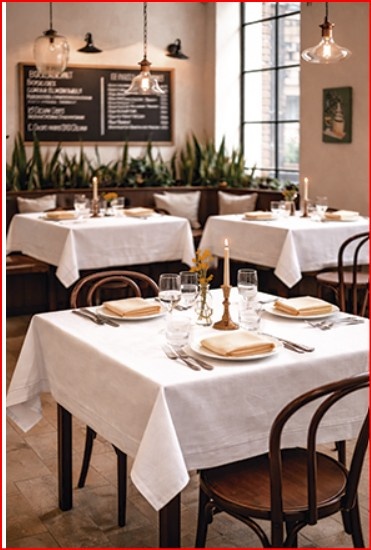 Mesa de restaurante arrumada com pratos, copos, vela, cadeiras de madeira e planta ao fundo.