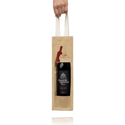 Saco de juta para uma garrafa de vinho com janela transparente e alças brancas