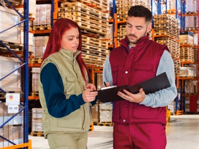 Dois trabalhadores em armazém com coletes e prancheta, paletes e estantes ao fundo