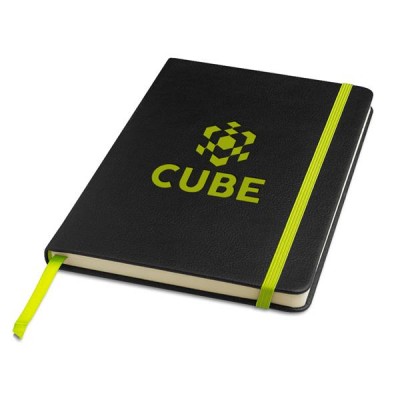 Caderno preto com elástico e texto verde limão CUBE