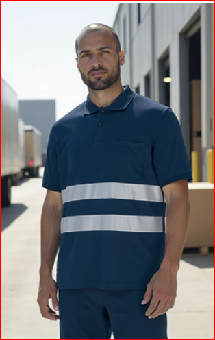 Homem de polo azul escuro com faixas reflexivas brancas em ambiente industrial