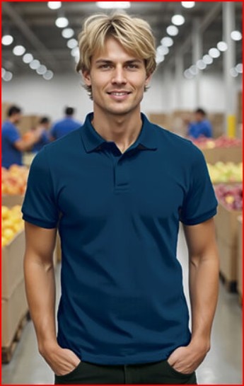 Homem com polo azul escuro em armazém de frutas