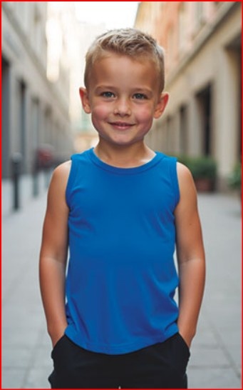 Menino com camisola azul de mangas curtas e calças escuras numa rua urbana.