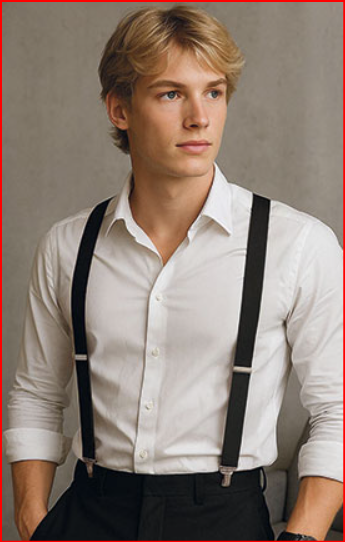 Homem com camisa branca e suspensórios pretos