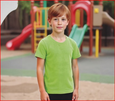 Camiseta infantil verde lisa usada por menino em parque infantil