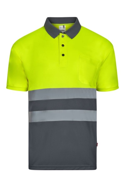Polo de trabalho fluorescente amarelo e cinza com faixas refletoras e bolso no peito.