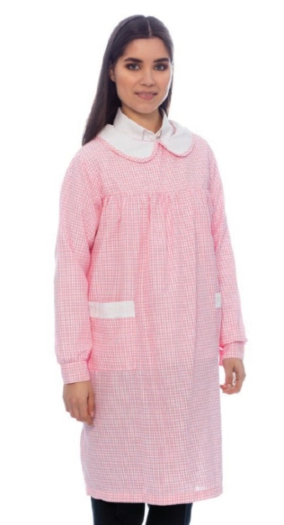 Blusa comprida feminina rosa e branca aos quadrados com gola e bolsos brancos