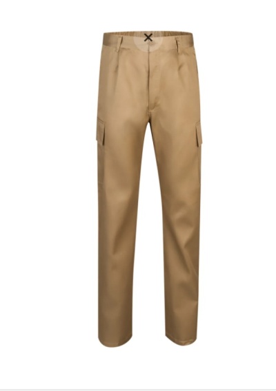 Calças castanho claro com bolsos laterais tipo cargo e detalhe em X preto na cintura