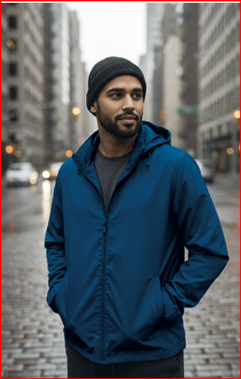 Homem com casaco azul, camisola cinzenta e gorro preto numa rua urbana molhada