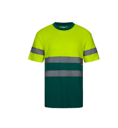 T-shirt de alta visibilidade amarela e verde com faixas refletoras cinzentas