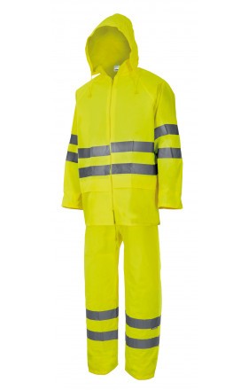 Conjunto impermeável amarelo com faixas refletoras cinza