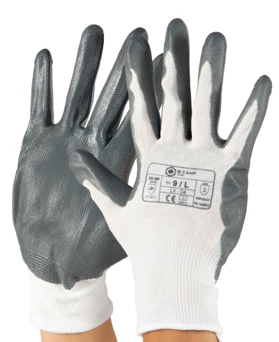 Par de luvas de trabalho cinza e branco com etiqueta
